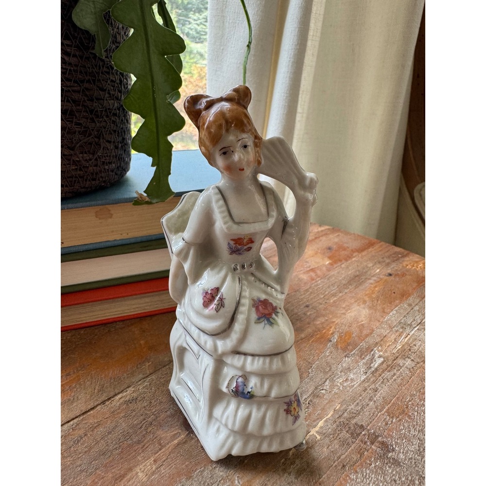 Vintage Hand Painted Made in Japan Porcelain Victorian Lady Seated with Fan 5"